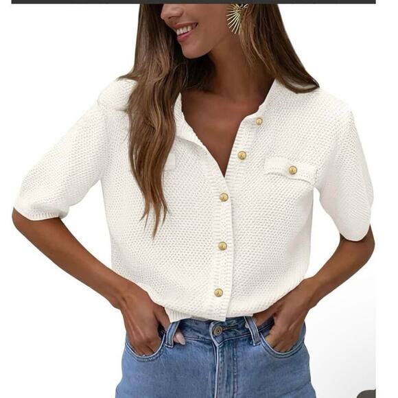PRETTY GARDEN Ivory Textured Short Sleeve Gold Button Cardigan Sweater Large - Picture 1 of 11
